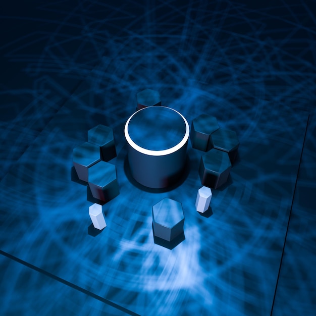 Hexagon cube with dark background surrounded by glowing lines 3d rendering