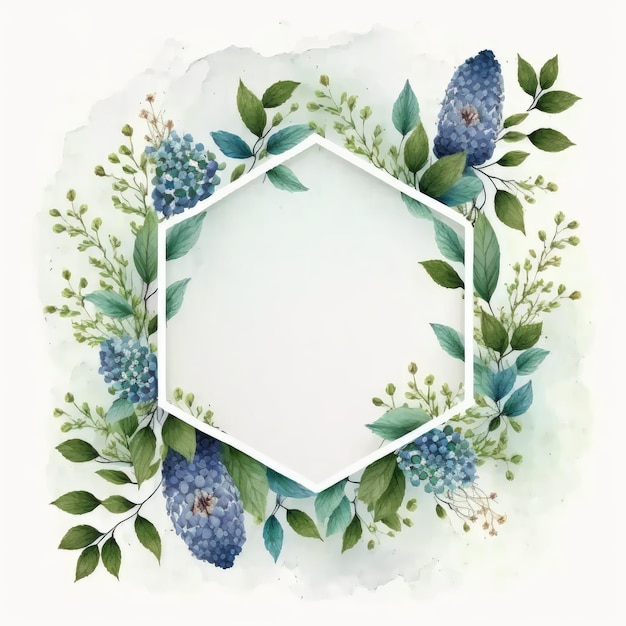 Hexagon frame of blue flower and green leaves with watercolor painting