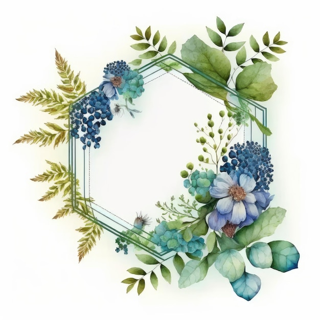 Hexagon frame of blue flower and green leaves with watercolor painting