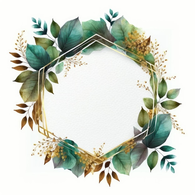 Hexagon frame of green and golden leaves with watercolor painting