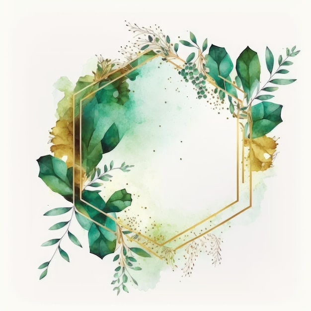 Hexagon frame of green and golden leaves with watercolor painting