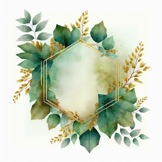 Hexagon frame of green and golden leaves with watercolor painting