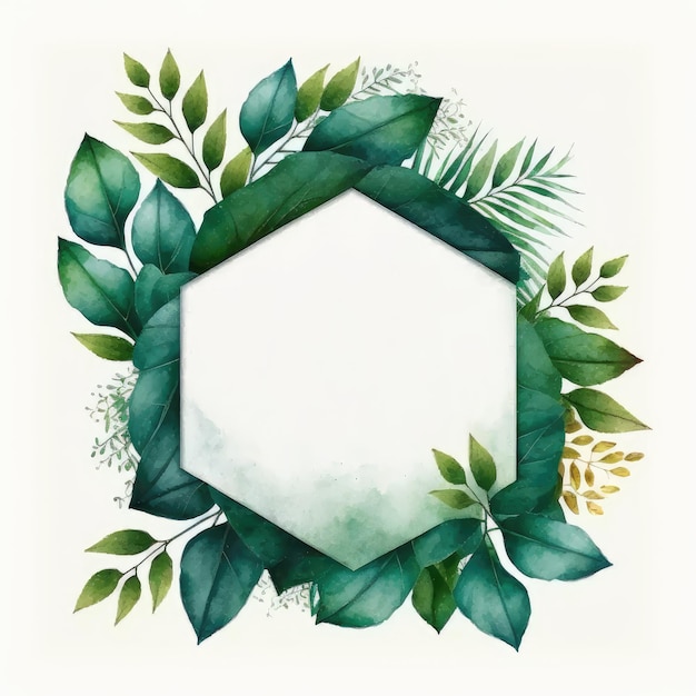 Hexagon frame of green leaves with watercolor painting