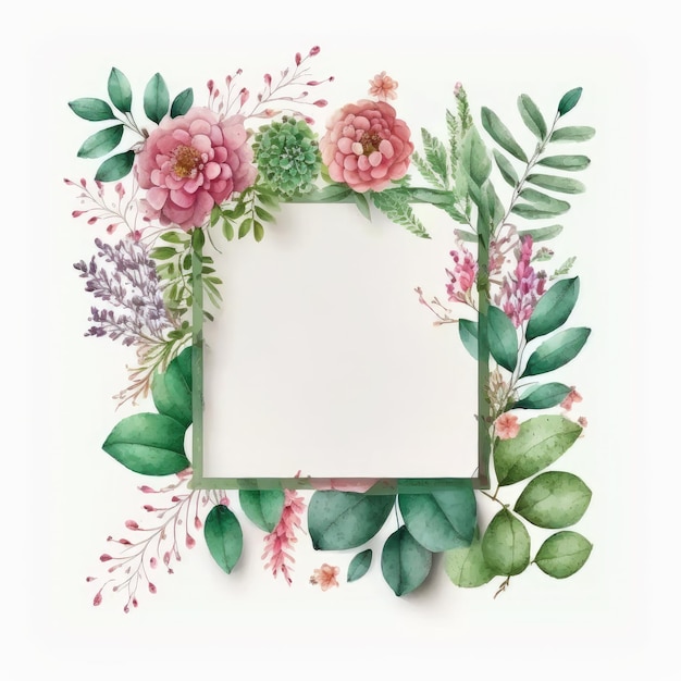 Hexagon frame of pink flower and green leaves with leave watercolor painting