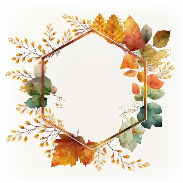 Photo hexagon frame with autumn leaves watercolor painted isolated on white background theme of vintage minimal art design in geometric finest generative ai