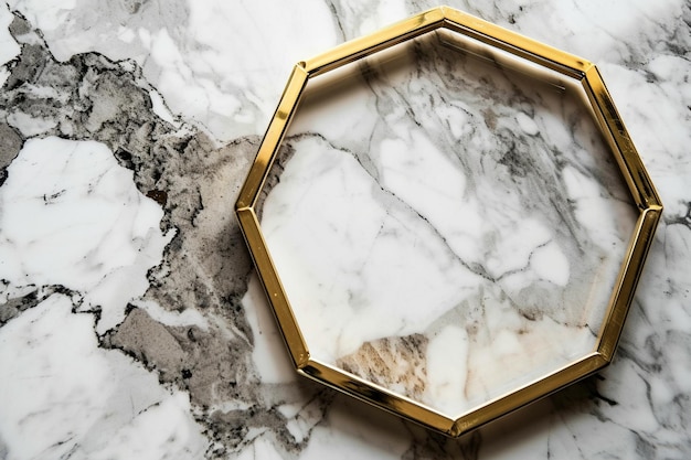 Hexagon gold frame on white marble background