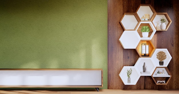 Hexagon houten plank Japans ontwerp op groene muur background3D rendering