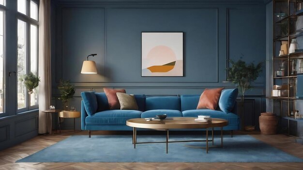 Интерьер гостиной с шестиугольным рисунком с длинным синим диваном, круглым кофейным столом, баром и плакатом