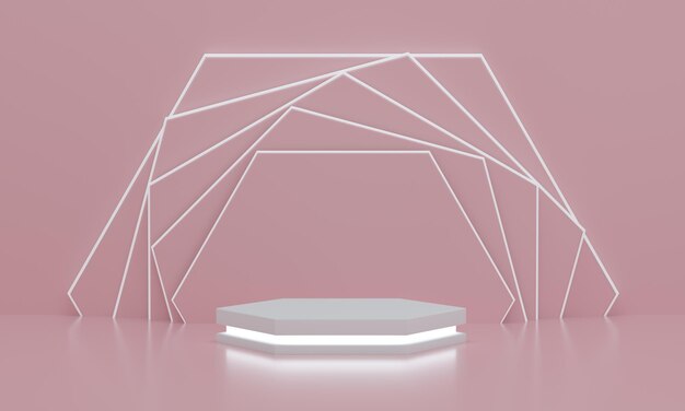 Hexagon podium with light for product display with modern hexagonal rotated pink background Empty pedestal or platform