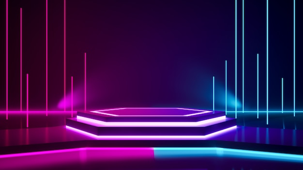 六角形ステージと紫色のネオンライト