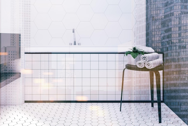 Photo hexagon tile bathroom tub close up toned