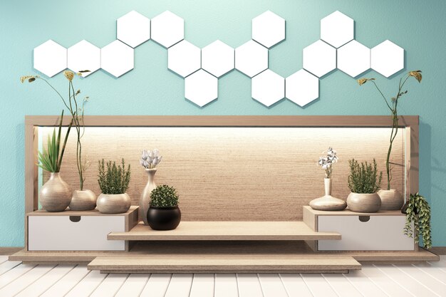 Hexagon tile lamp on hiden light wall and wooden cabinet minimal  on modern mint zen room japanese style