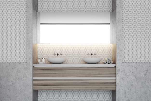 六角形のタイルと白い壁のバスルームのインテリア、木製の棚の上にダブルシンクが立っています。 3D レンダリングのモックアップ