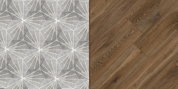 Photo hexagon tiles spilling out into the wood flooring