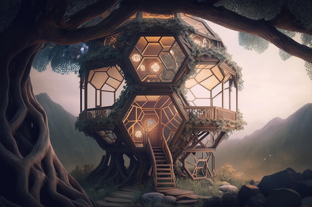 Фэнтезийный мир шестиугольного дома на дереве