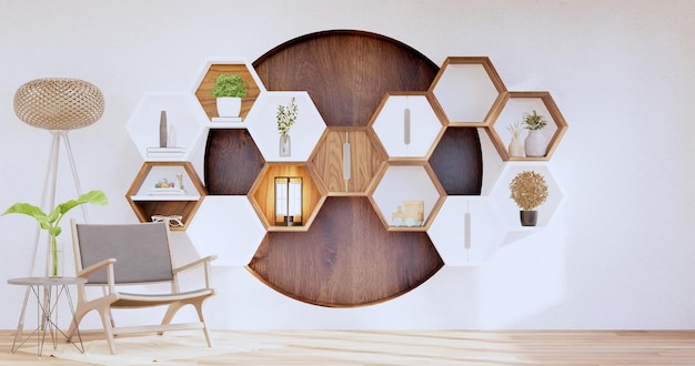 Hexagon wooden shelf japanese on wall background3D rendering