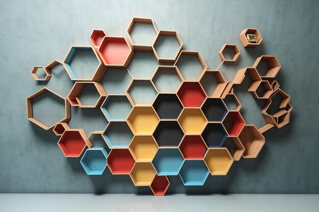 Hexagon wooden shelf japanese on wall background3d rendering