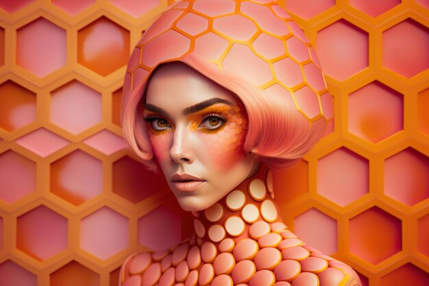 Hexagonal Dreams Ретро-футуристическая модель в розовом и оранжевом цветах, созданная искусственным интеллектом
