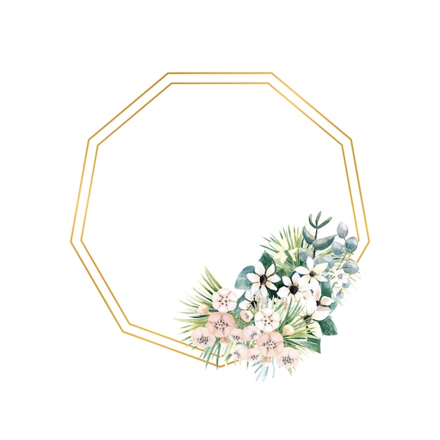 Hexagonal gold frame with small flowers of actinidia, bouvardia, tropical and palm leaves