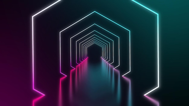 Hexagonal neon background in purple blue colors tech background futuristic space tunnel light future