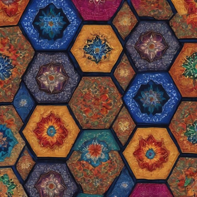 Hexagonal pattern design with multi kaleidoscope motifs fabrics and batik motifs