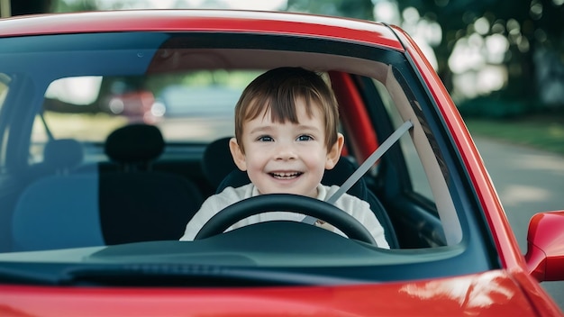 Hey what is there cute little boy drives his first car