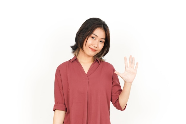 Hi Greeting or Waving at Camera Of Beautiful Asian Woman Isolated On White Background