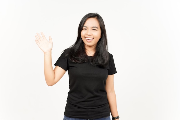 Hi Greeting or Waving at Camera of Beautiful Asian Woman Isolated On White Background