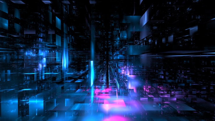 Foto hi-tech digitaal interieur abstracte datacenterserver, zakelijke technologie blured veelhoekige geometrische cyberpunkruimte, 3d render