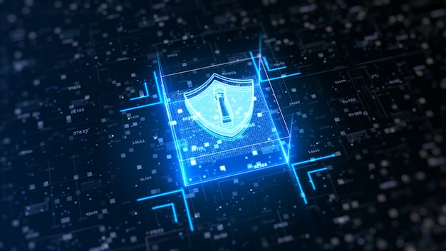 サイバーセキュリティのハイテクシールド。デジタルデータネットワーク保護