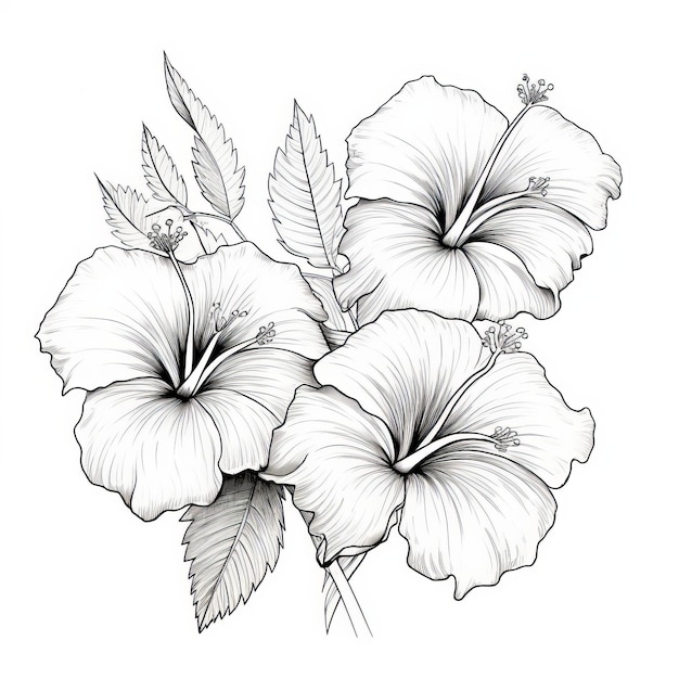 Hibiscus bloem illustratie zwart en wit juxtapositie van harde en zachte lijnen