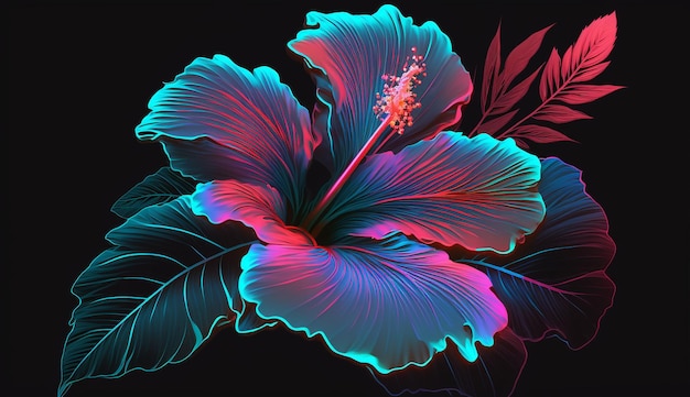 Hibiscus bloem neon illustratie wallpaper afbeelding Ai gegenereerde kunst