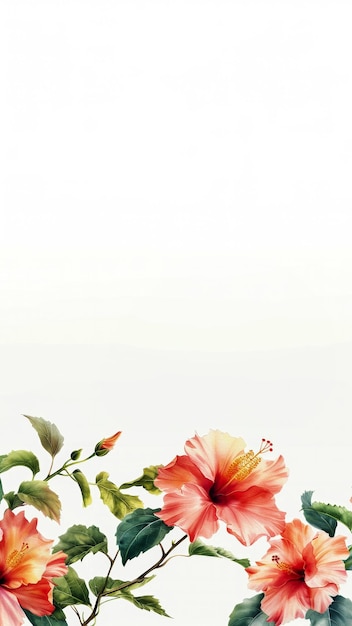 Hibiscus bloemen op een witte achtergrond verweven bladeren en stengels van bloemen verticale kaart in de kunst