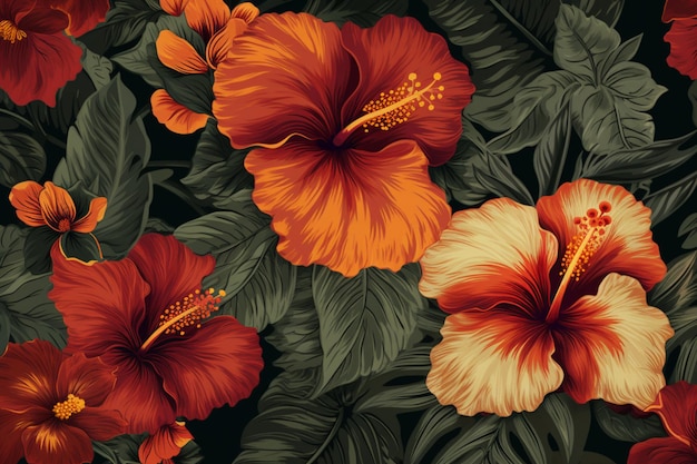 Hibiscus flowers on a background of leaves