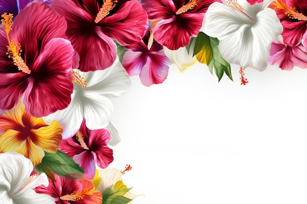 Hibiscus flowers border on white background
