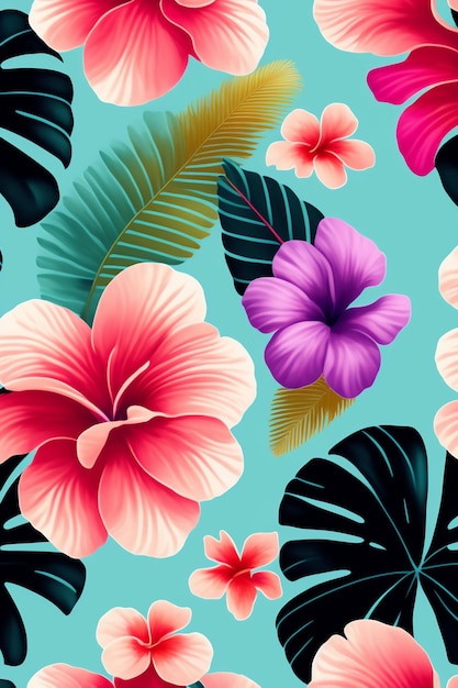 Hibiscus flowers and tropical leaves floral pattern