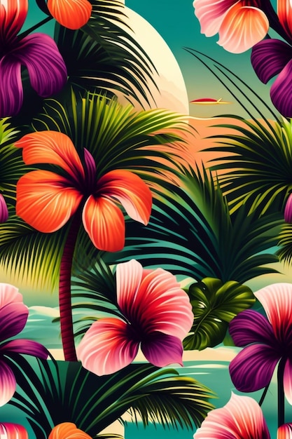 Hibiscus flowers and tropical leaves floral pattern