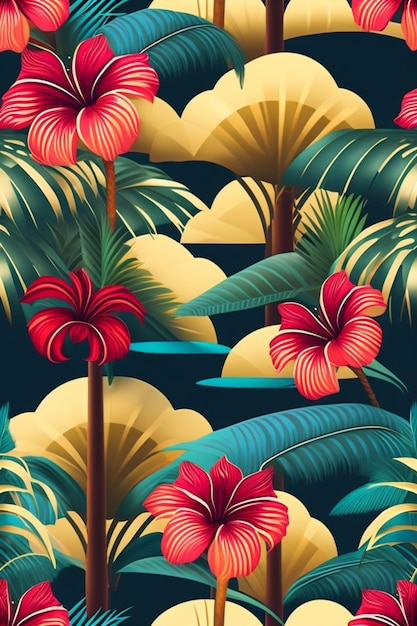 Hibiscus flowers and tropical leaves floral pattern