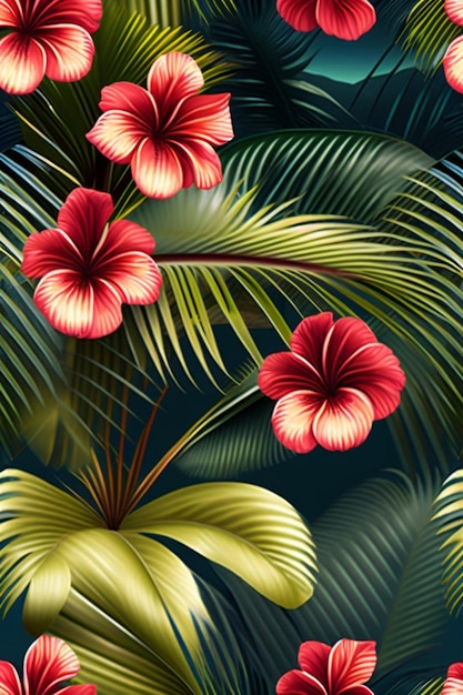 Hibiscus flowers and tropical leaves floral pattern