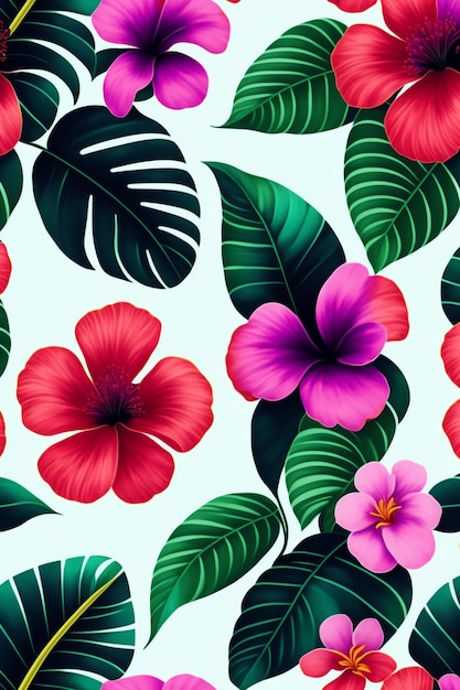 Photo hibiscus flowers and tropical leaves pattern