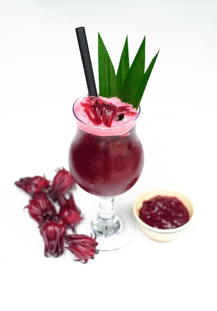 Hibiscus ice tea on a white background closeup