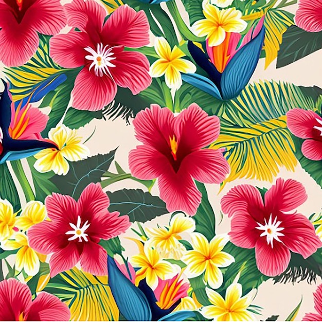Hibiscus seamless floral fabric botanical nature textile pattern background with tropical flowers