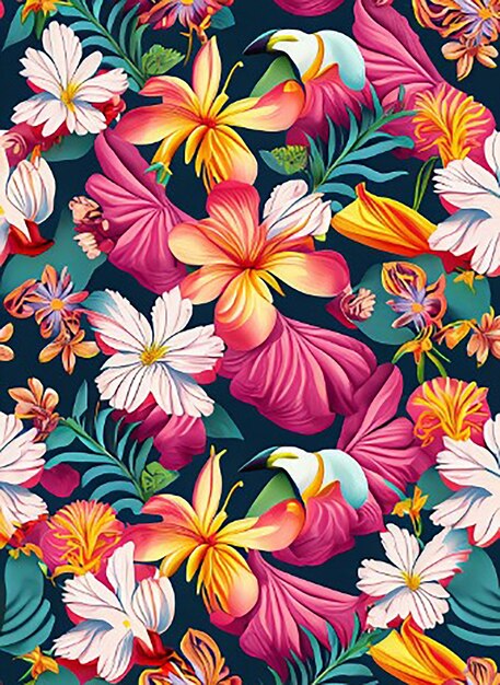 Hibiscus seamless floral fabric botanical nature textile pattern background with tropical flowers