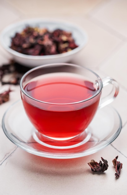 Hibiscus tea in glass mug