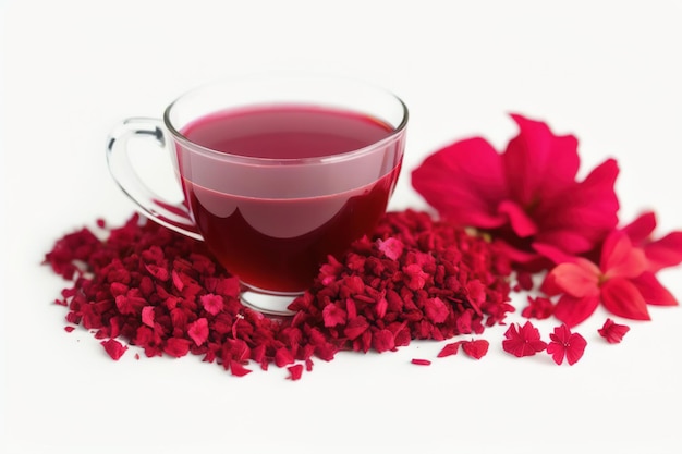 Hibiscus thee in een doorzichtige glazen mok met roze bloemen Generative AI