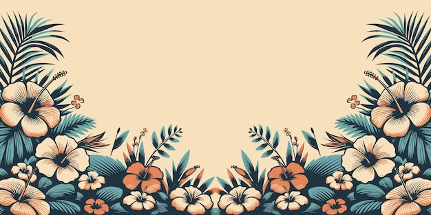 Hibiscusbloemen en palmbladeren achtergrond tropisch bloemendecoratieframe Vectorillustratie