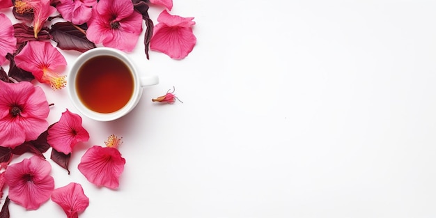 Hibiscusthee en verspreide gedroogde hibiscus op witte achtergrond bovenaanzicht Beschikbaar c Generatieve AI