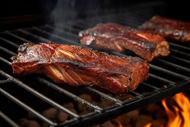 Photo hickory smoked ribs on a grill with smoke rising