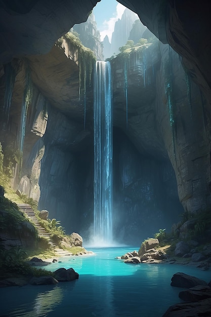 A hidden cave behind a waterfall revealing a secret entrance to a futuristic society