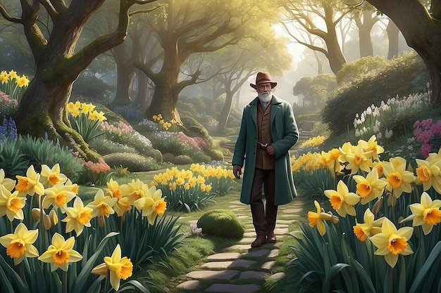 Hidden Garden Discovery Character with Rare Daffodil Varieties Illustration